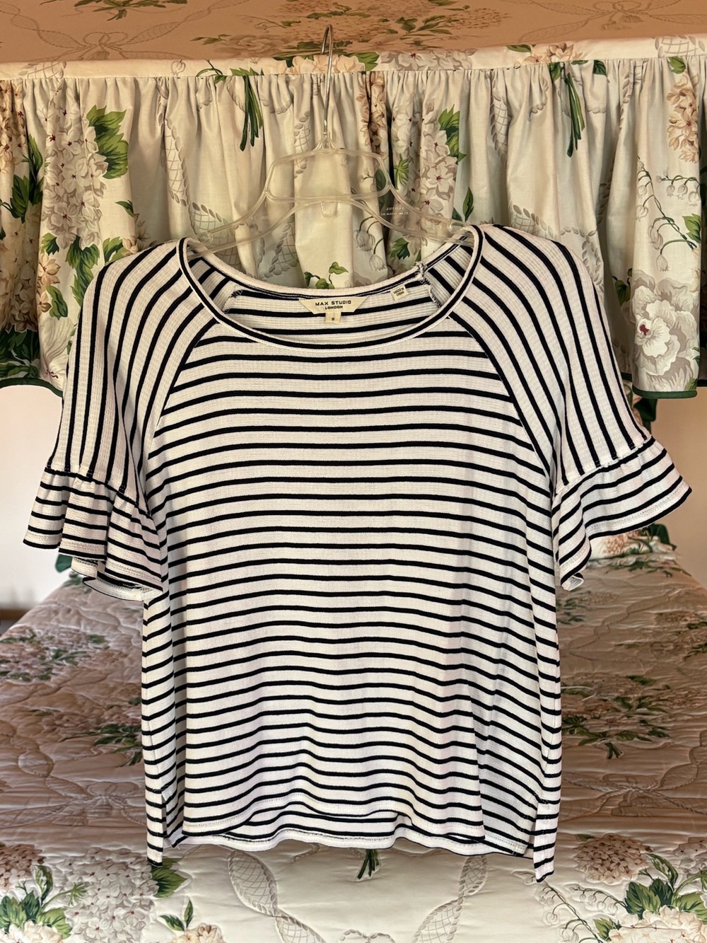Max Studio London Black and White Stripe Ruffle Sleeve Top -Size Small.